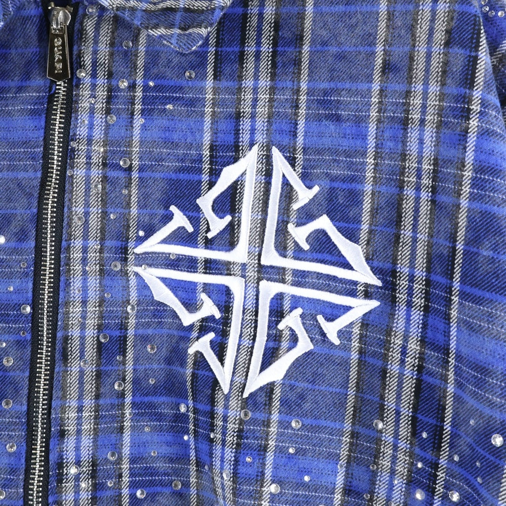GUAPI(グアピ) Royal Blue Star Flannel ロイアルブルースターフランネル ジップアップラインストーン長袖シャツ ブルー