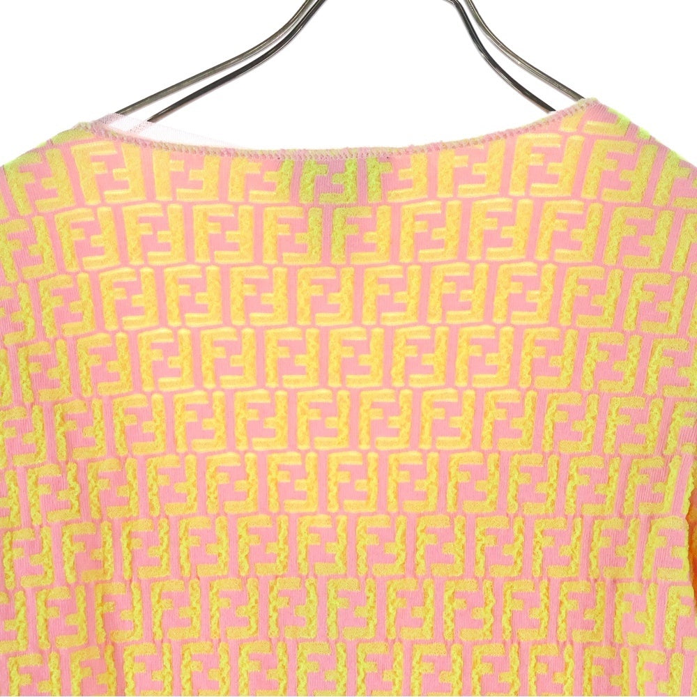 FENDI(フェンディ) ズッカ 総柄 ジップアップ ノーカラー ニットジャケット レディース ピンク/イエロー