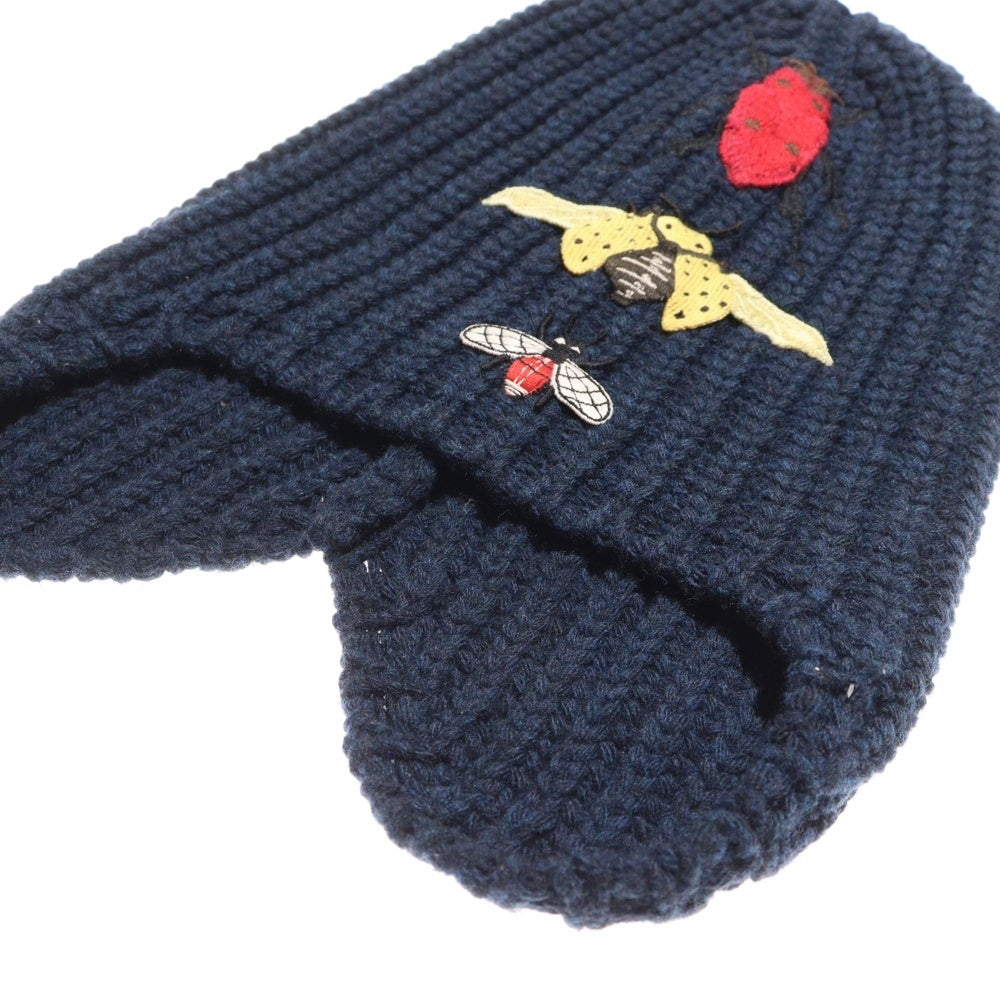 GUCCI(グッチ) Insect Embroidery Beanie インセクトエンブロイダリービーニー レディースモチーフ刺繍ニットキャップ 帽子 ネイビー