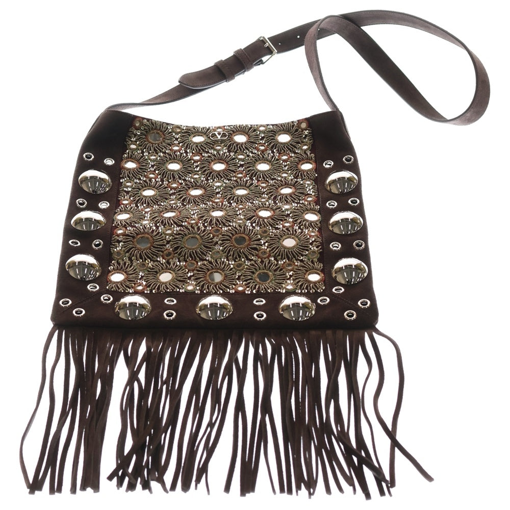 VALENTINO GARAVANI(ヴァレンチノガラヴァーニ) ネルコートー エンブロイダリー フリンジ付き スウェード スパンコール刺繍 ショルダーバッグ ブラウン 7Y2B0R33TAA