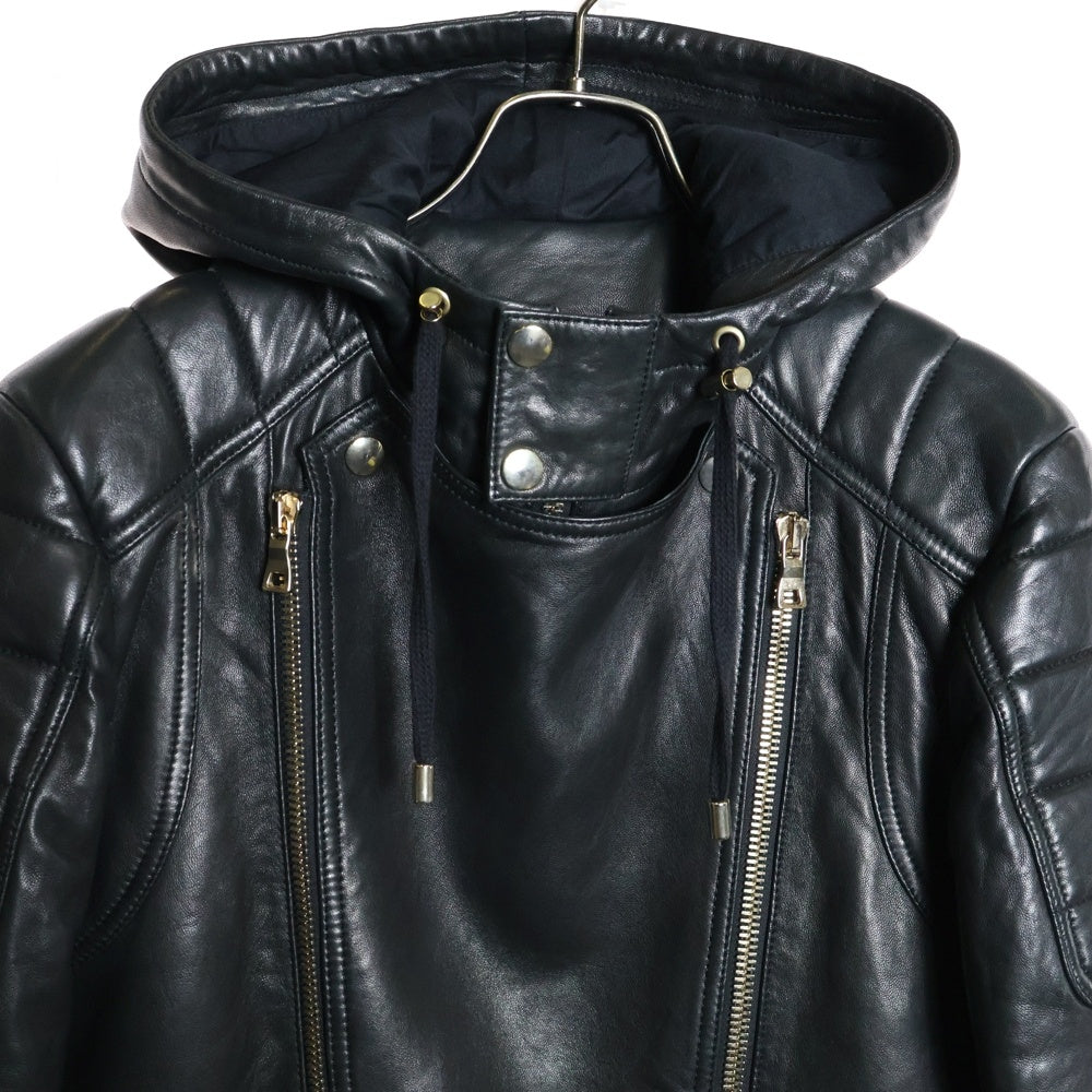BALMAIN(バルマン) フーデット ラムスキン レザー ライダースジャケット ブラック 62 C896 D592