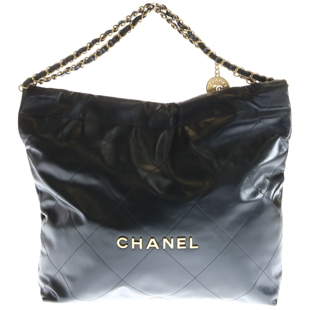 CHANEL(シャネル) シャネル22 ミディアム マトラッセ グリーン シャイニーカーフスキン ゴールド金具 ショルダーバッグ ブラック レディース