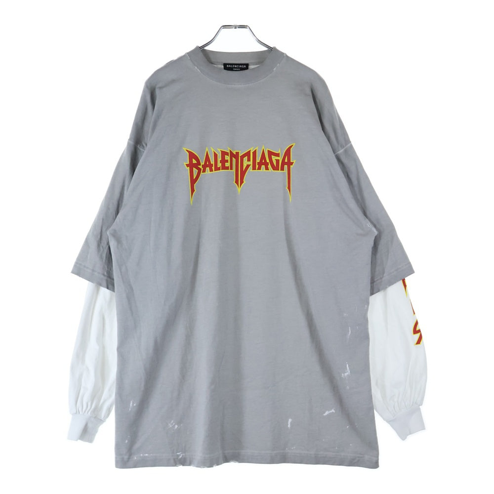 BALENCIAGA(バレンシアガ) 22SS METAL DOUBLE SLEEVE ダメージ加工 メタルロゴ ダブルスリーブ ロングスリーブTシャツ グレー 698089 TMV88