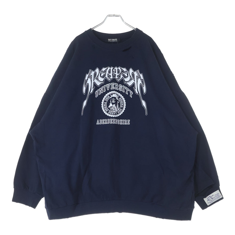 RAF SIMONS(ラフシモンズ) 22SS Destroyed Crewneck Sweatshirts デストロイドクルーネックスウェットシャツ ダメージ加工ロゴプリントスウェットシャツ 221-M167 ネイビー