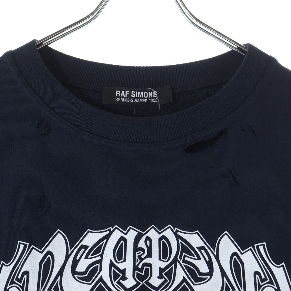 RAF SIMONS(ラフシモンズ) 22SS Destroyed Crewneck Sweatshirts デストロイドクルーネックスウェットシャツ ダメージ加工ロゴプリントスウェットシャツ 221-M167 ネイビー