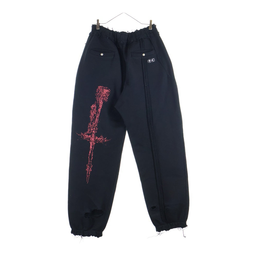THUG CLUB(サグクラブ) 24SS Dragon Sweat Pant ドラゴンジョガースウェットパンツ ロゴプリントダメージ加工スウェットパンツ TC24PT1502 ブラック