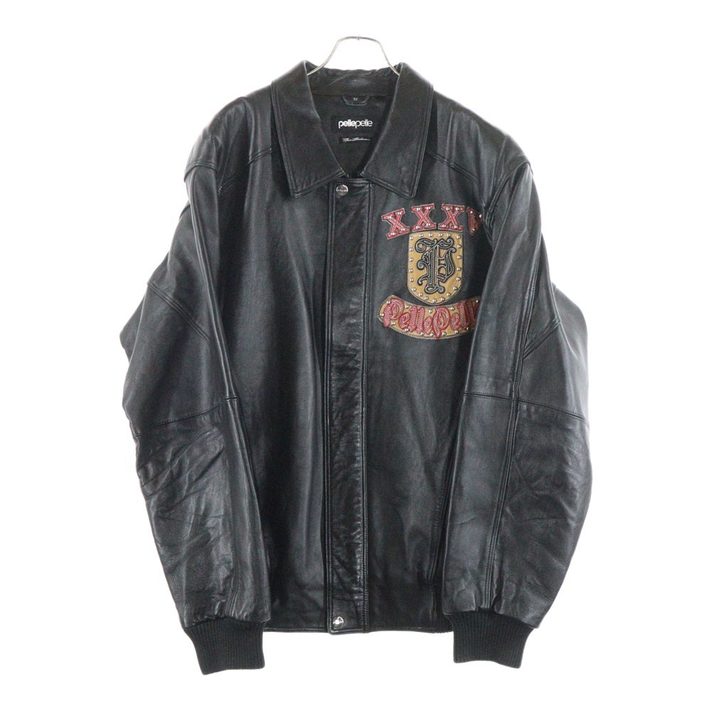 pelle pelle(ペレペレ) スタッズロゴ レザーバーシティージャケット ブラック