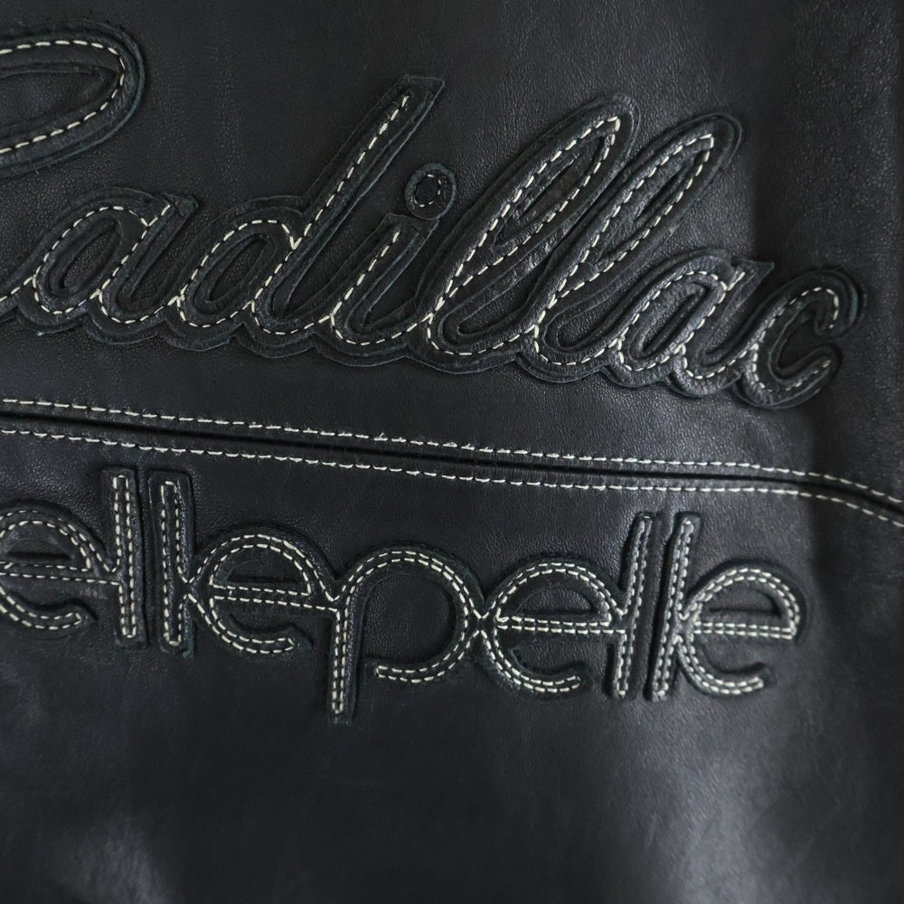 pelle pelle(ペレペレ) CADILLAC キャデラック ロゴ刺繍 ジップアップラムレザー バーシティージャケット ブラック