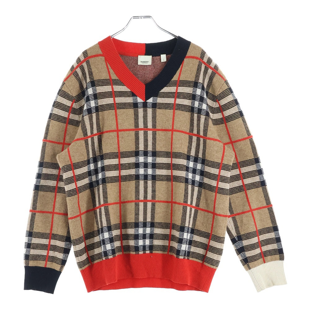 BURBERRY(バーバリー) 20SS Check Merio Wool Jacquard Sweater ノバチェック柄Vネックニットセーター 8023664 ブラウン/レッド