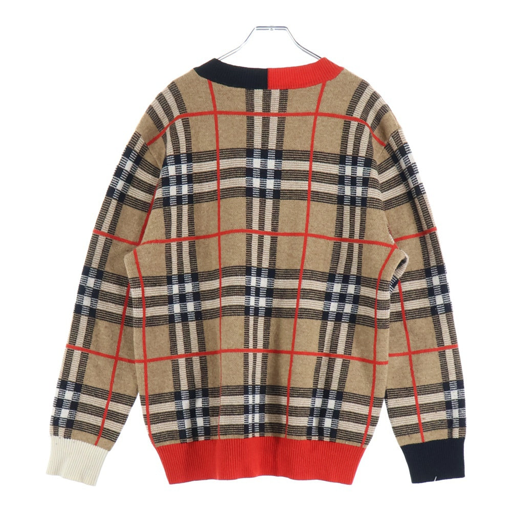 BURBERRY(バーバリー) 20SS Check Merio Wool Jacquard Sweater ノバチェック柄Vネックニットセーター 8023664 ブラウン/レッド
