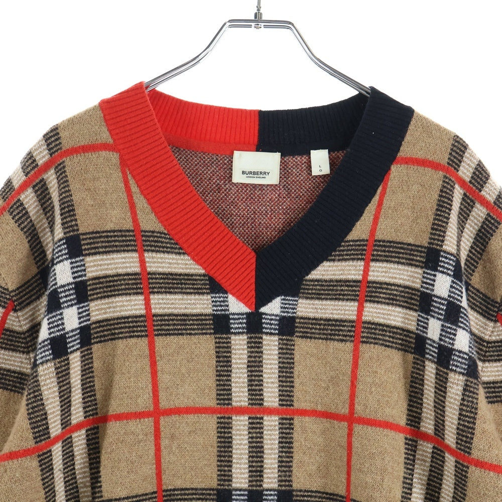 BURBERRY(バーバリー) 20SS Check Merio Wool Jacquard Sweater ノバチェック柄Vネックニットセーター 8023664 ブラウン/レッド