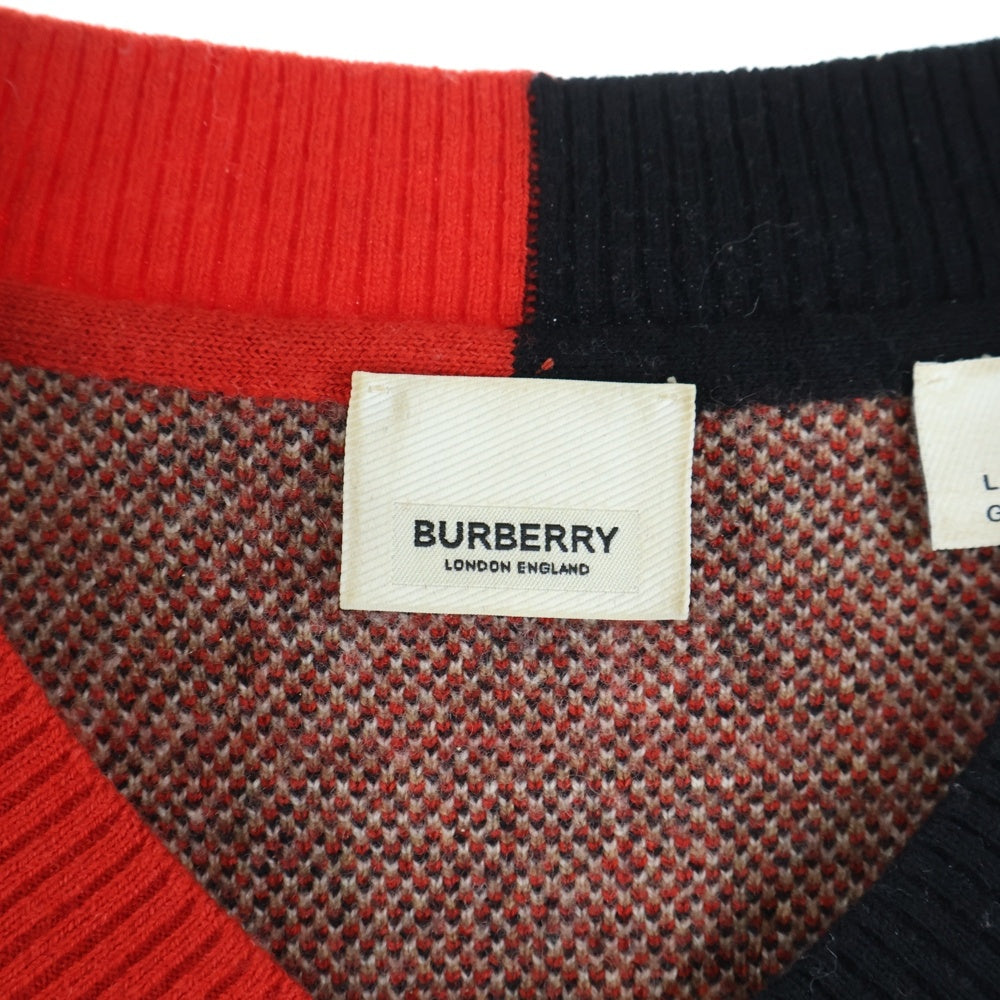 BURBERRY(バーバリー) 20SS Check Merio Wool Jacquard Sweater ノバチェック柄Vネックニットセーター 8023664 ブラウン/レッド