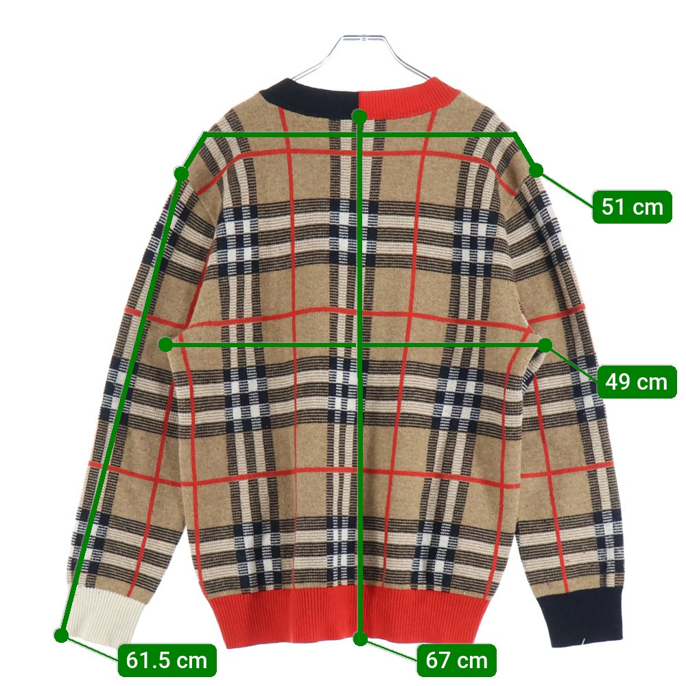 BURBERRY(バーバリー) 20SS Check Merio Wool Jacquard Sweater ノバチェック柄Vネックニットセーター 8023664 ブラウン/レッド