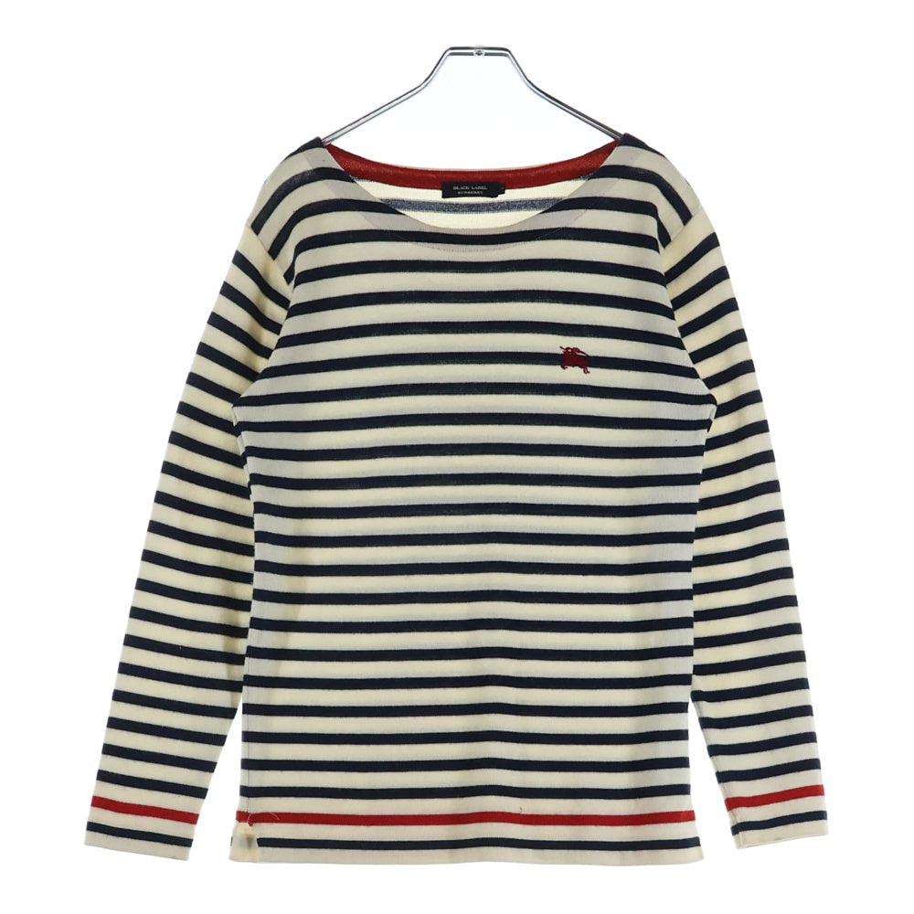 BURBERRY BLACK LABEL(バーバリー ブラックレーベル) ウール ボーダー ロゴ刺繍 ニット セーター ホワイト/ネイビー D1N08-807-02