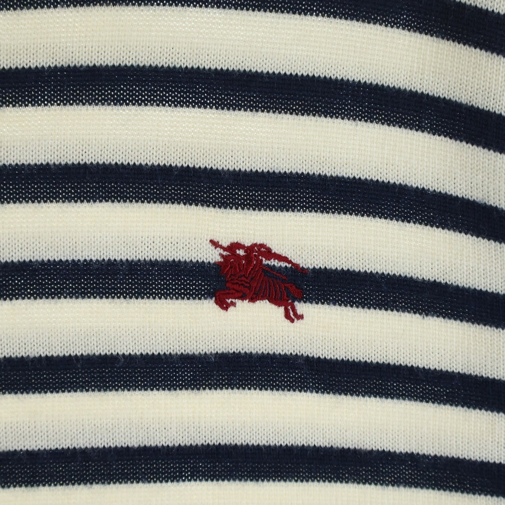 BURBERRY BLACK LABEL(バーバリー ブラックレーベル) ウール ボーダー ロゴ刺繍 ニット セーター ホワイト/ネイビー D1N08-807-02