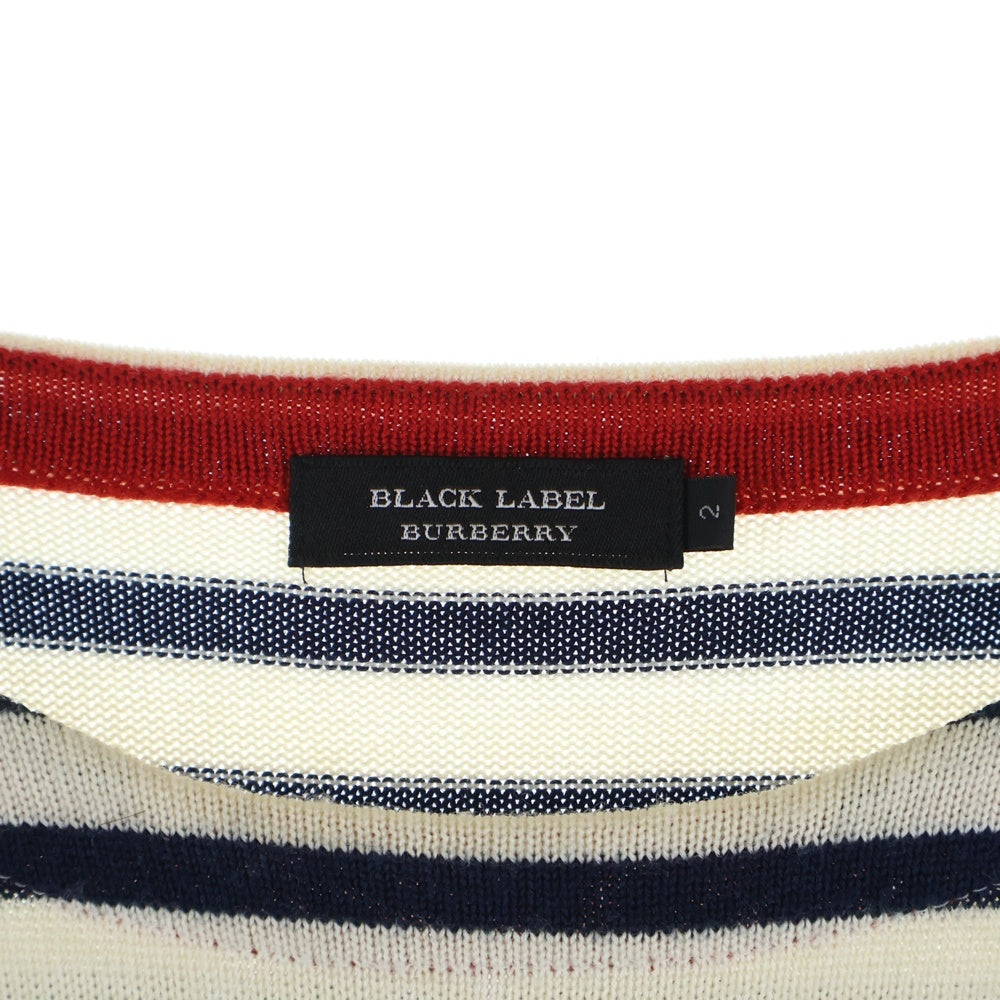 BURBERRY BLACK LABEL(バーバリー ブラックレーベル) ウール ボーダー ロゴ刺繍 ニット セーター ホワイト/ネイビー D1N08-807-02
