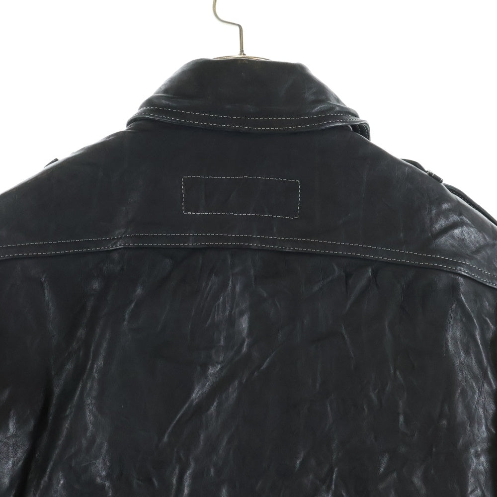 ISAMU KATAYAMA BACKLASH(イサムカタヤマバックラッシュ) カウレザー ジップアップ シングルライダースジャケット レオパードライナー 製品染め ブラック