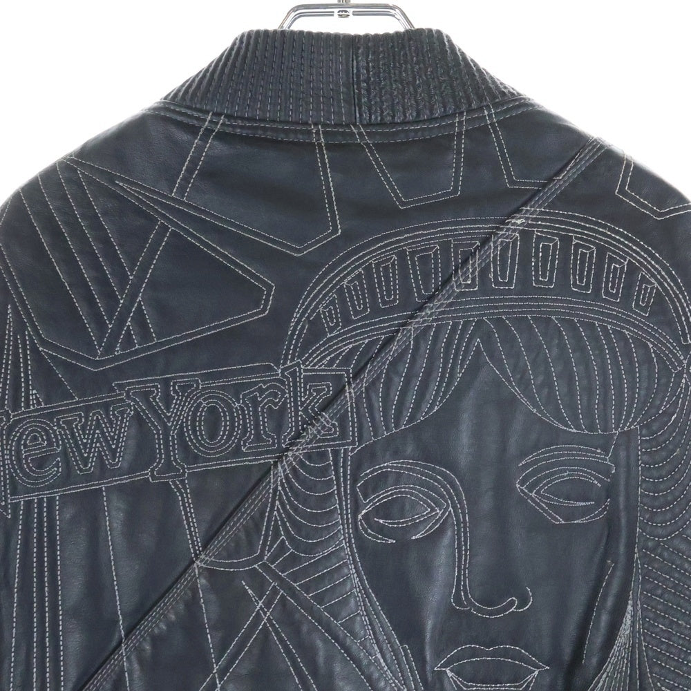 NO BRAND(ノーブランド) MAX U.S.A イタリアンレザー 総柄刺繍 バーシティー レザージャケット ブラック