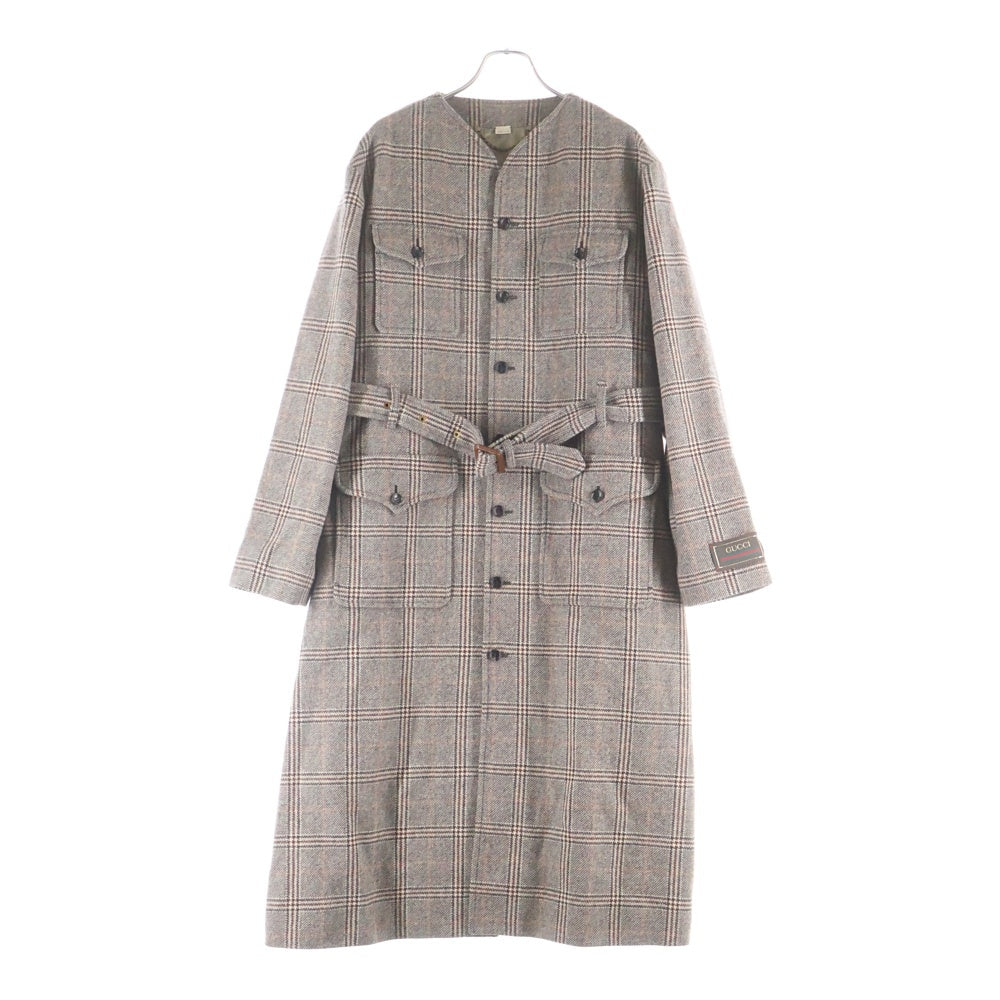 GUCCI(グッチ) ウール チェック柄 ノーカラーロングコート ブラウン 694274