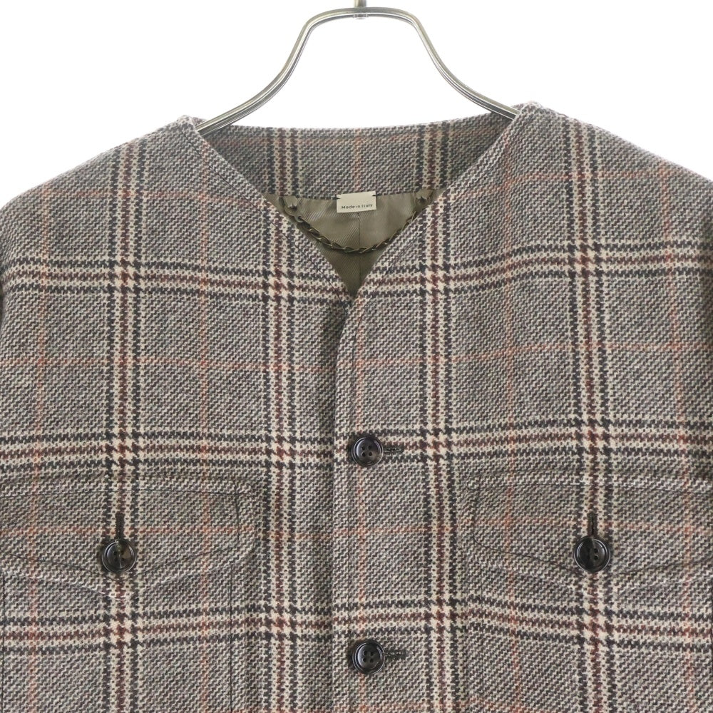 GUCCI(グッチ) ウール チェック柄 ノーカラーロングコート ブラウン 694274