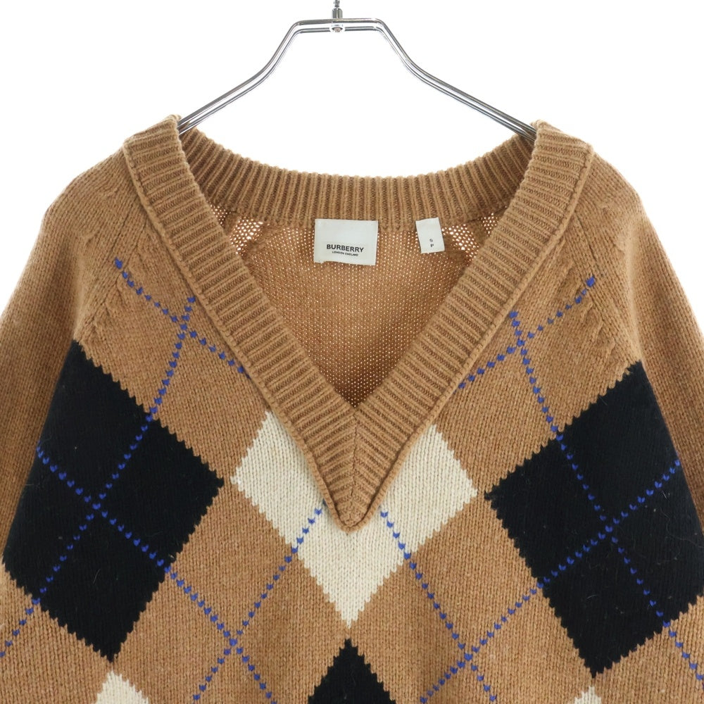 BURBERRY(バーバリー) Vネック チェック柄 アーガイルカットアウトニット セーター ブラウン レディース 8037240