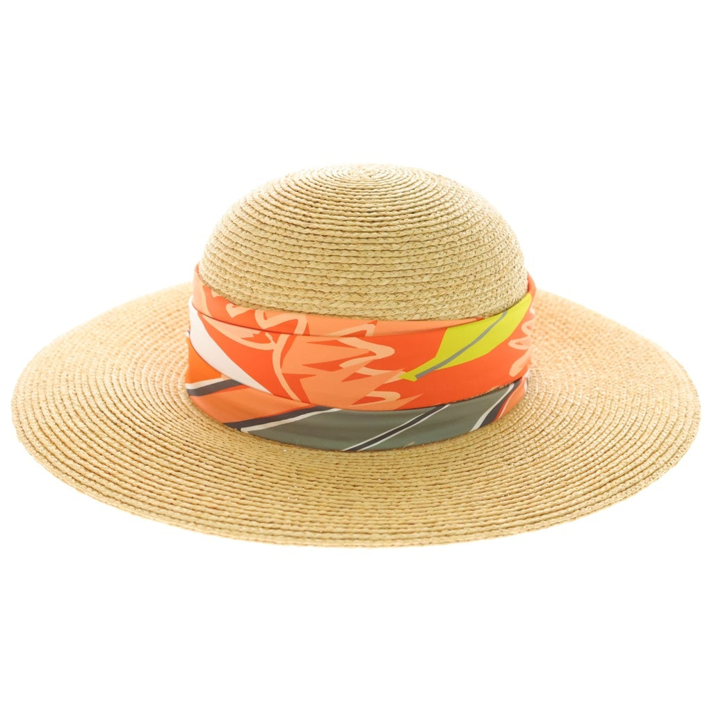 HERMES(エルメス) Straw Hat ストローハット カレ装飾ワイドブリムハット 帽子 オレンジ/ベージュ レディース