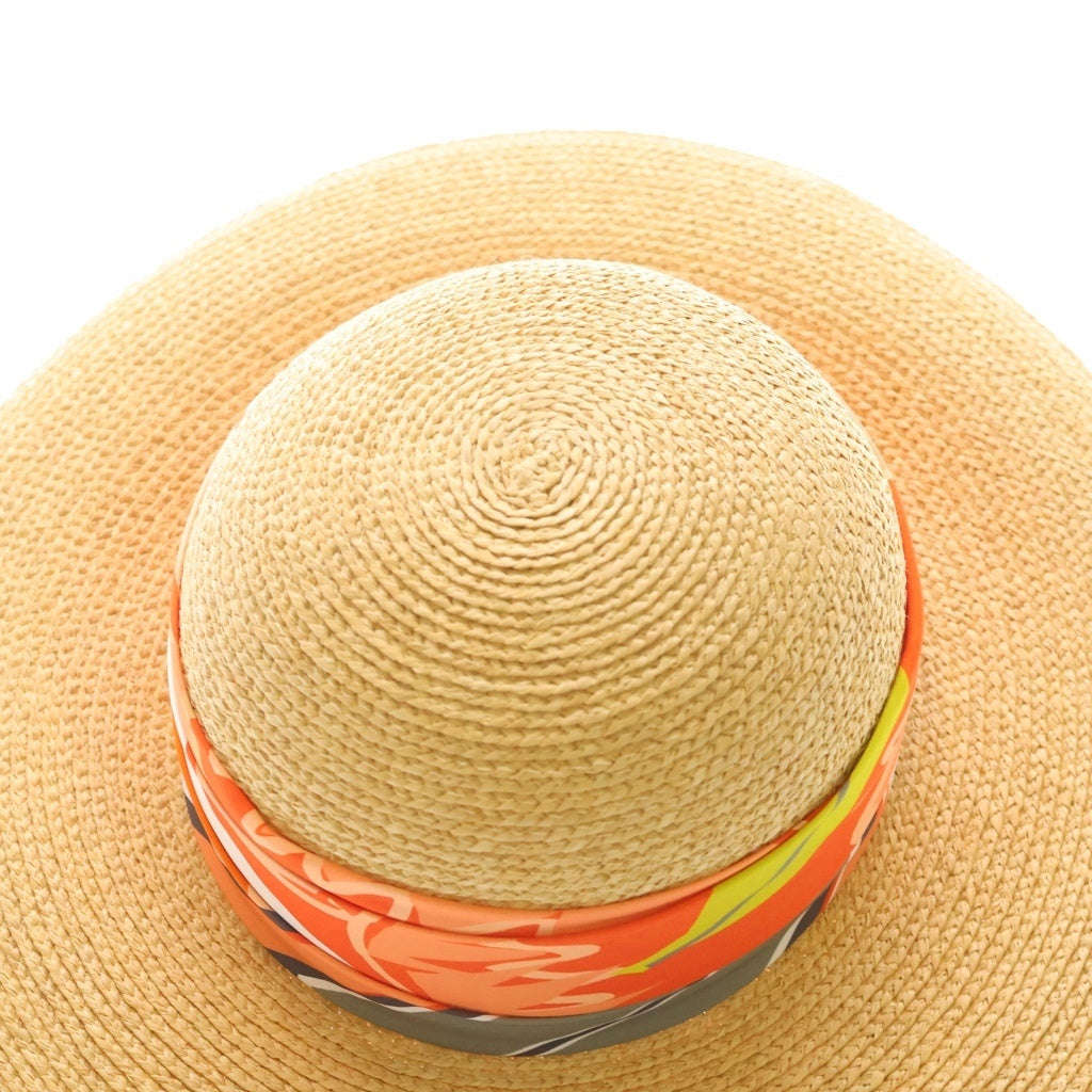 HERMES(エルメス) Straw Hat ストローハット カレ装飾ワイドブリムハット 帽子 オレンジ/ベージュ レディース