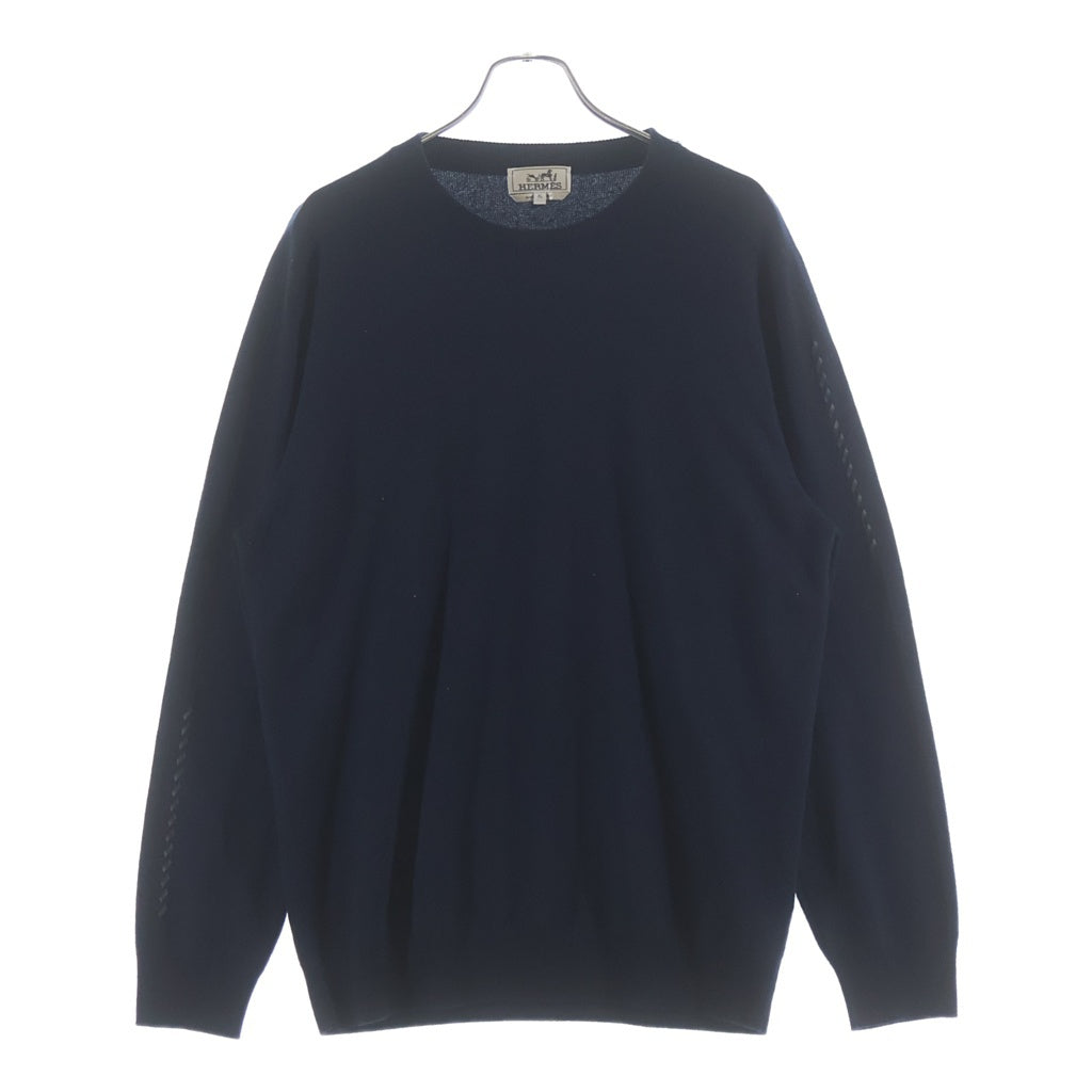 HERMES エルメス Leather Stitch Wool Sweater レザーステッチウールセーター スリーブステッチクルーネックニットセーター ネイビー HERMES(エルメス) Leather Stitch Wool Sweater レザーステッチウール