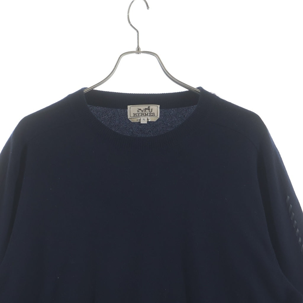 HERMES(エルメス) Leather Stitch Wool Sweater レザーステッチウールセーター スリーブステッチクルーネックニットセーター ネイビー