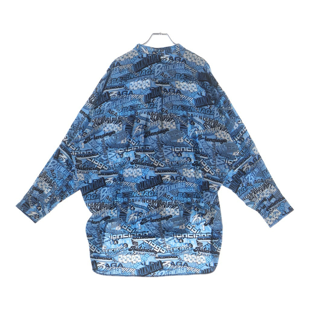 BALENCIAGA(バレンシアガ) 19SS 総柄 ネックリボンデザイン シルク 長袖シャツ ブルー 571280