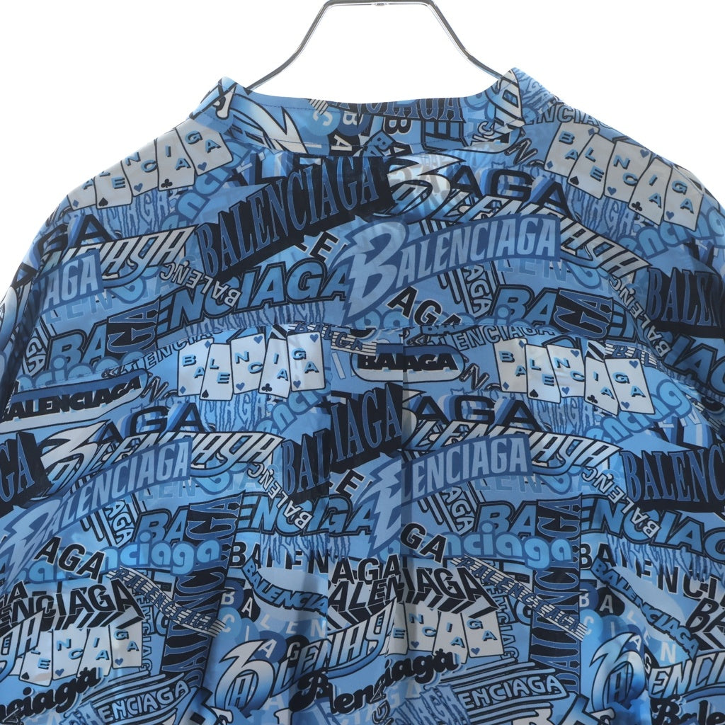 BALENCIAGA(バレンシアガ) 19SS 総柄 ネックリボンデザイン シルク 長袖シャツ ブルー 571280