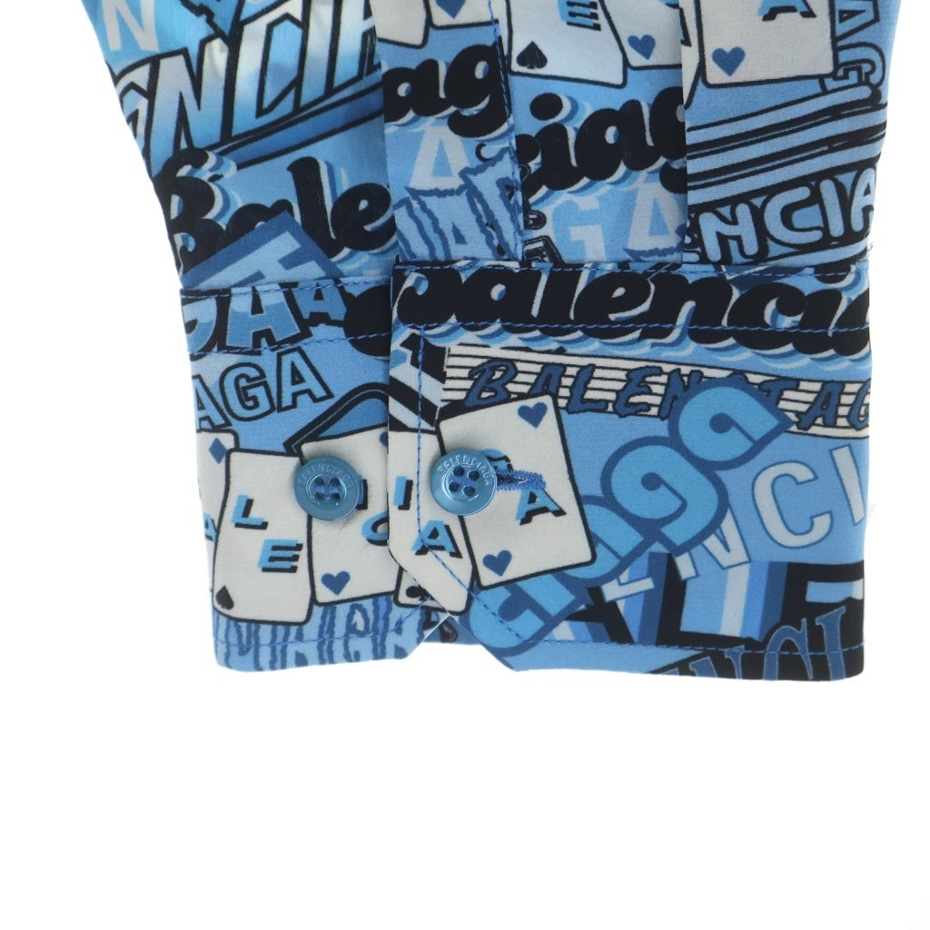 BALENCIAGA(バレンシアガ) 19SS 総柄 ネックリボンデザイン シルク 長袖シャツ ブルー 571280