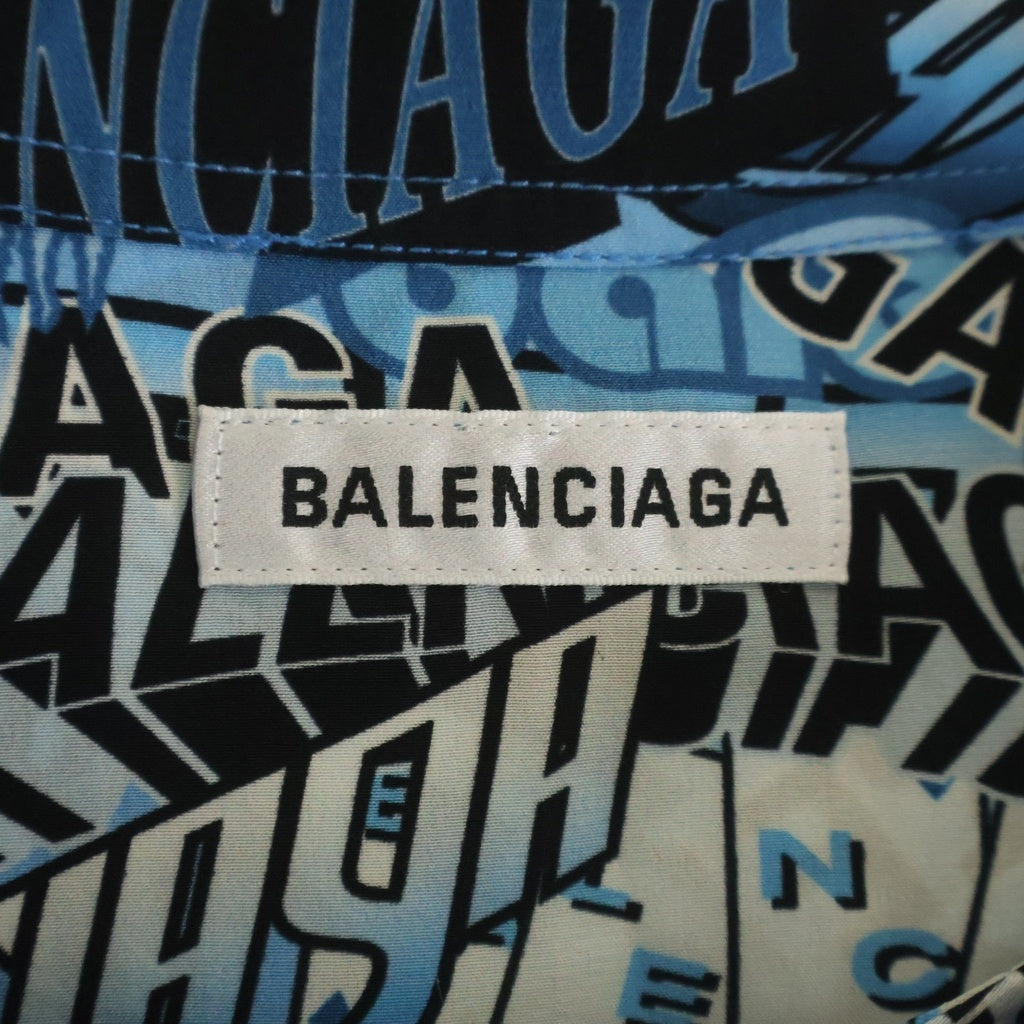BALENCIAGA(バレンシアガ) 19SS 総柄 ネックリボンデザイン シルク 長袖シャツ ブルー 571280