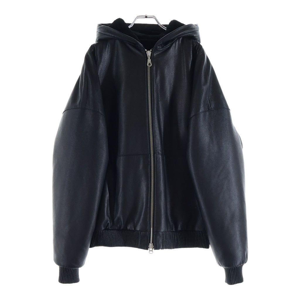 NO BRAND(ノーブランド) NIK KOSMAS ニックコスマス Leather Hooded Bomber Jacket レザーフーデットボンバージャケット ロゴ刺繍ジップアップレザージャケット ブラック