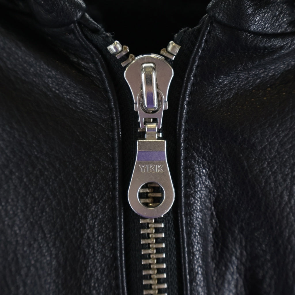 NO BRAND(ノーブランド) NIK KOSMAS ニックコスマス Leather Hooded Bomber Jacket レザーフーデットボンバージャケット ロゴ刺繍ジップアップレザージャケット ブラック
