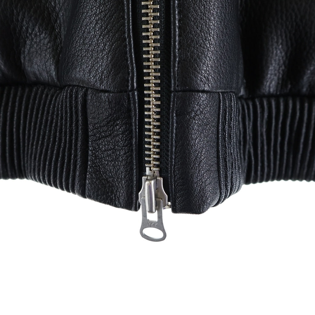 NO BRAND(ノーブランド) NIK KOSMAS ニックコスマス Leather Hooded Bomber Jacket レザーフーデットボンバージャケット ロゴ刺繍ジップアップレザージャケット ブラック