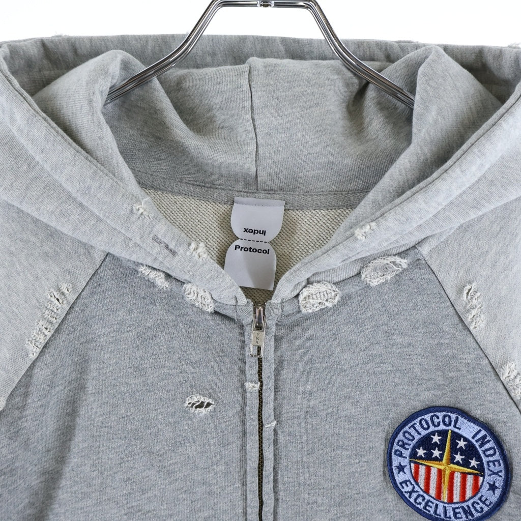 NO BRAND(ノーブランド) Protocol Index(プロトコル インデックス) Reconstructed Sweatshirts Zip Hoodie protoword ダメージ加工 プリント ジップアップ パーカー グレー