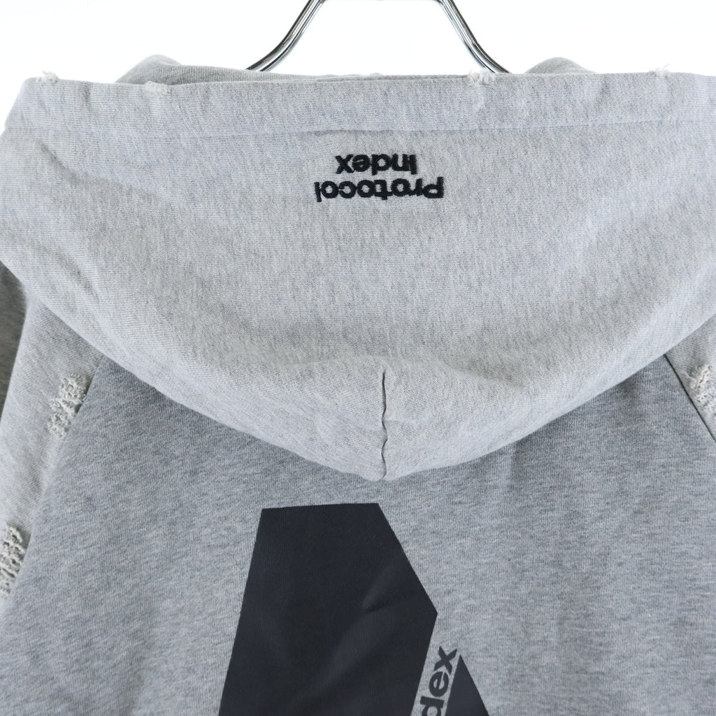 NO BRAND(ノーブランド) Protocol Index(プロトコル インデックス) Reconstructed Sweatshirts Zip Hoodie protoword ダメージ加工 プリント ジップアップ パーカー グレー