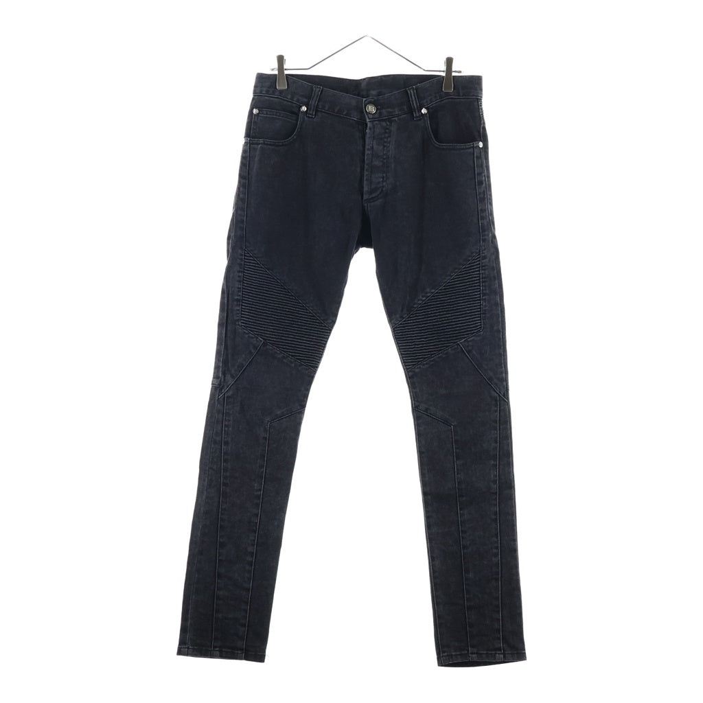 BALMAIN(バルマン) Slim Fit Biker Denim スリムフィットバイカーデニム エンボスロゴ蛇腹切替ボタンフライスキニーデニムジーンズ ブラック MG065DB67
