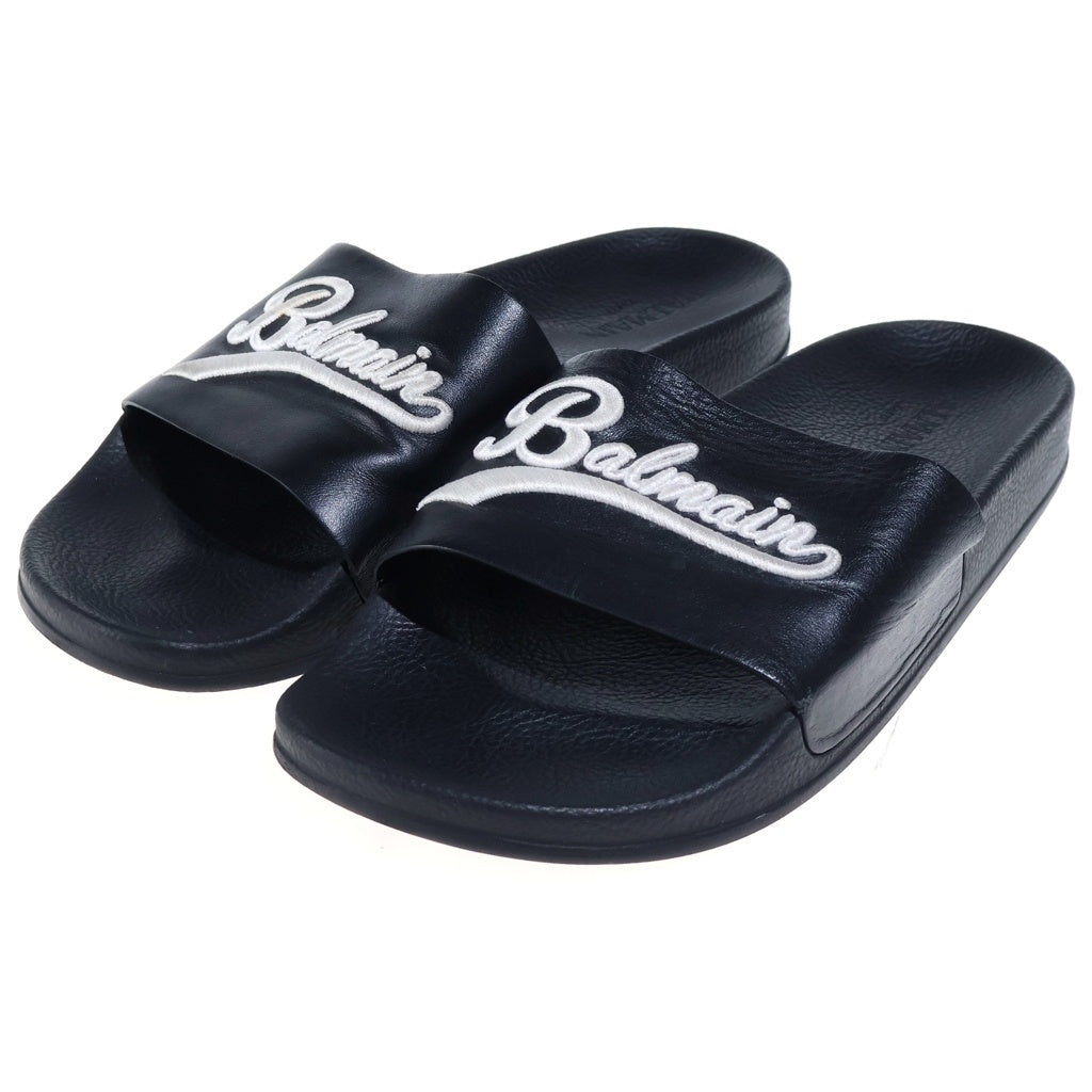 BALMAIN(バルマン) Flat Slide Sandal フラットスライドサンダル ロゴ刺繍レザーシャワーサンダル ブラック