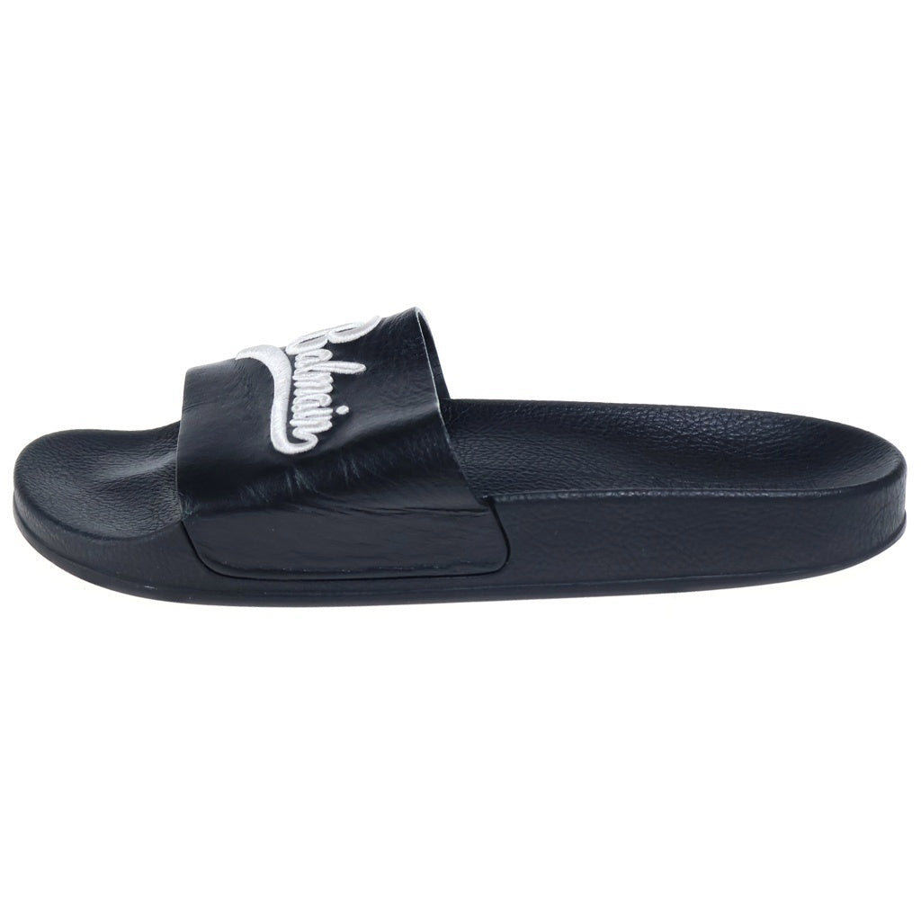 BALMAIN(バルマン) Flat Slide Sandal フラットスライドサンダル ロゴ刺繍レザーシャワーサンダル ブラック