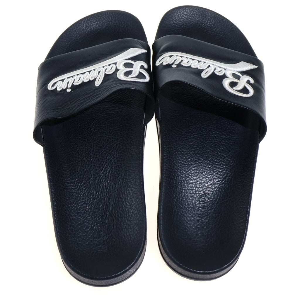 BALMAIN(バルマン) Flat Slide Sandal フラットスライドサンダル ロゴ刺繍レザーシャワーサンダル ブラック