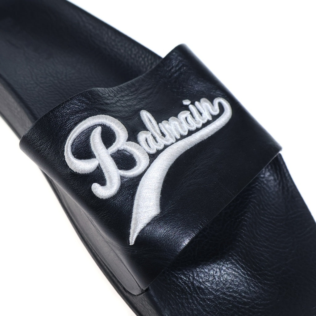 BALMAIN(バルマン) Flat Slide Sandal フラットスライドサンダル ロゴ刺繍レザーシャワーサンダル ブラック