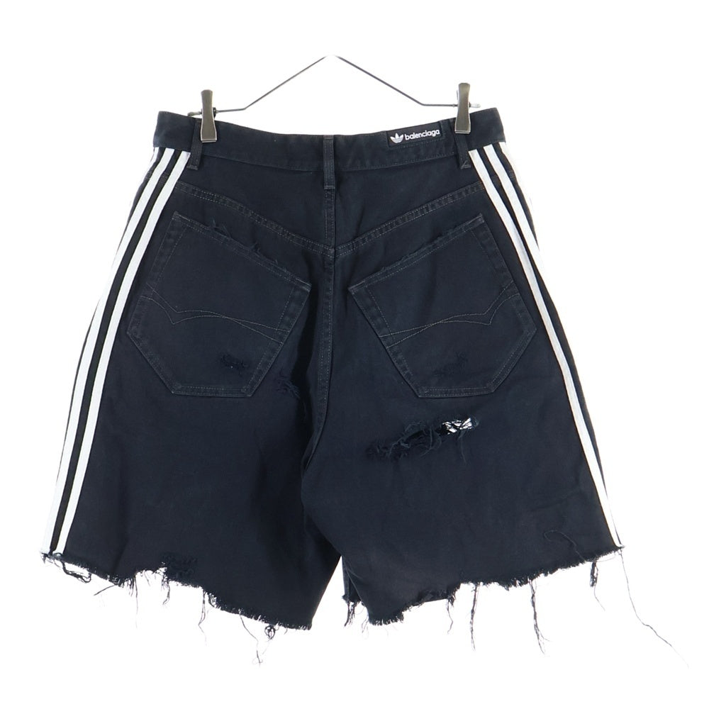BALENCIAGA(バレンシアガ) 23SS ×adidas Baggy Short Pants ×アディダス デストロイバギーデニムショーツ 3ストライプダメージ加工デニムハーフパンツ ブラック 724840 TNW54
