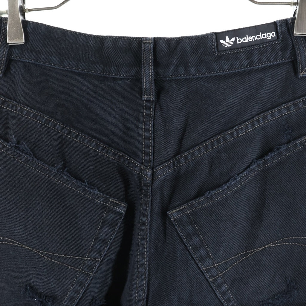 BALENCIAGA(バレンシアガ) 23SS ×adidas Baggy Short Pants ×アディダス デストロイバギーデニムショーツ 3ストライプダメージ加工デニムハーフパンツ ブラック 724840 TNW54
