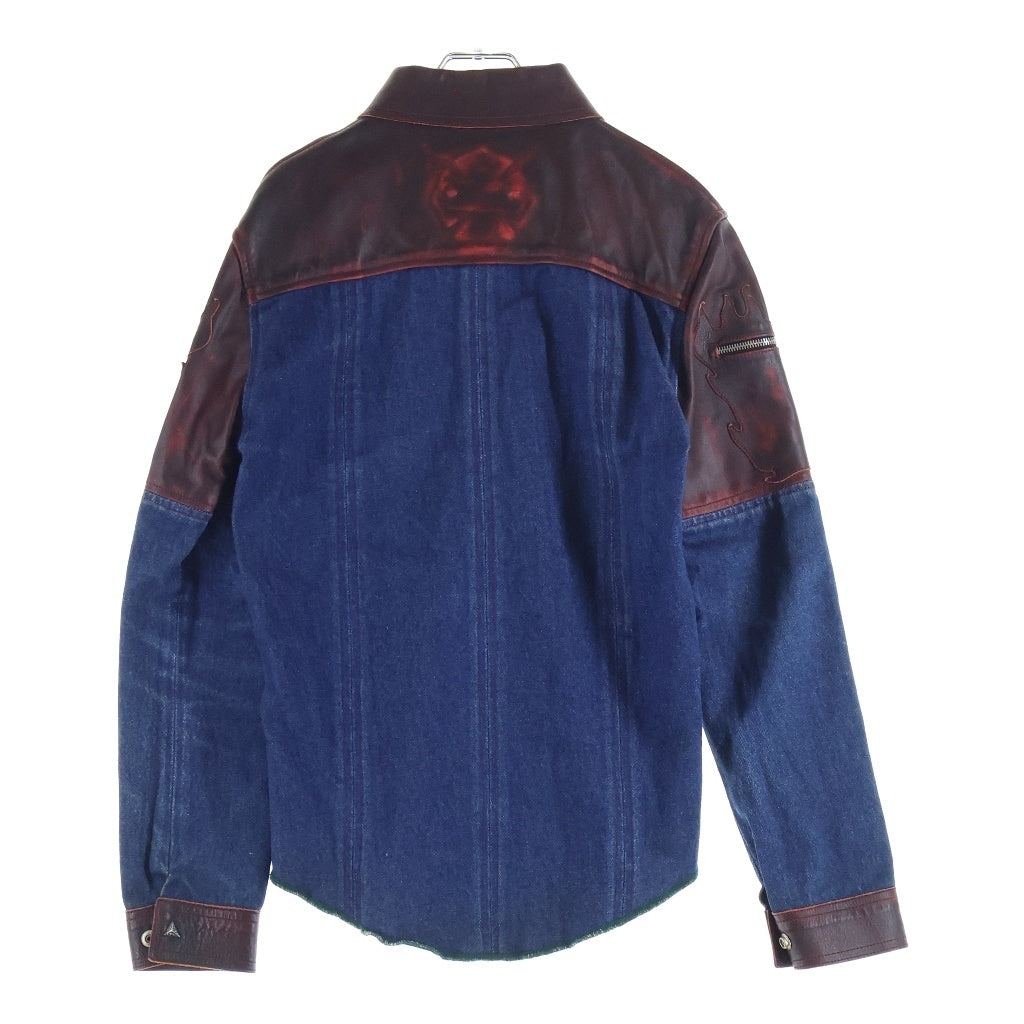 SKKIN(スキン) スネイクボタン レザー切替 スナップボタン ウエスタンデニム シャツ ジャケット インディゴ/ブラウン