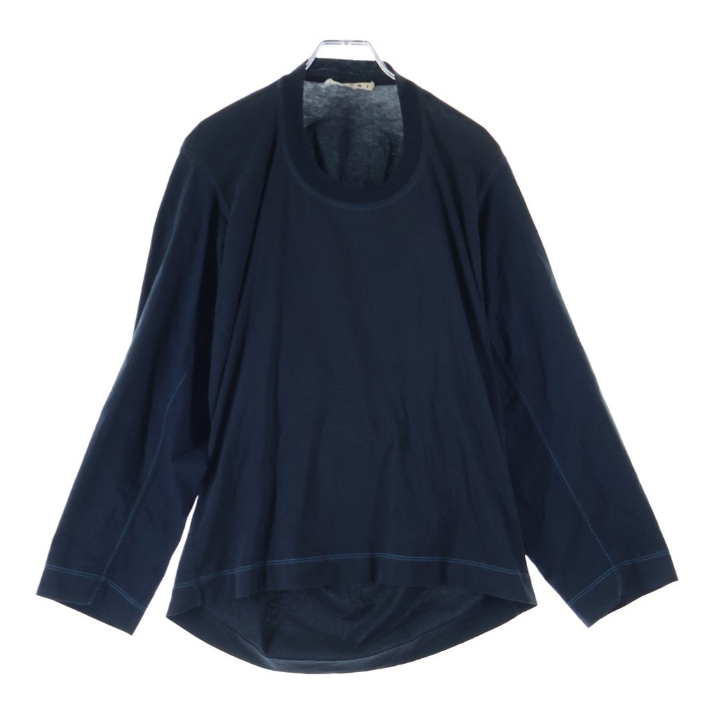 MARNI(マルニ) コットン ナイロン切替デザイン 無地 クルーネック長袖Tシャツ カットソー ネイビー W17THJEZ26DQOTCQ81-00B99