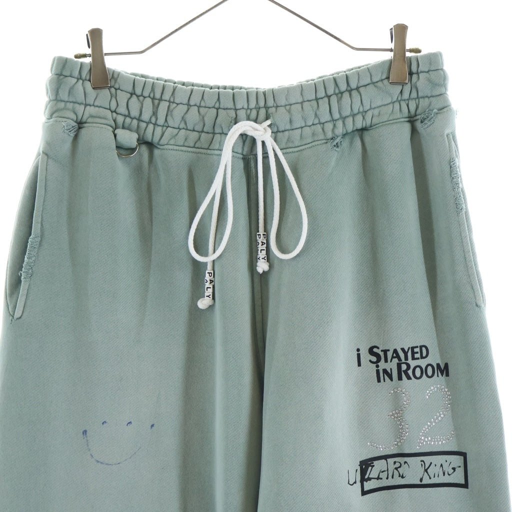 Paly Hollywood(パリーハリウッド) Alta Cienega Sweat Pants アルタシェネガスウェットパンツ ラインストーンロゴプリントダメージ加工スウェットロングパンツ ライトグリーン