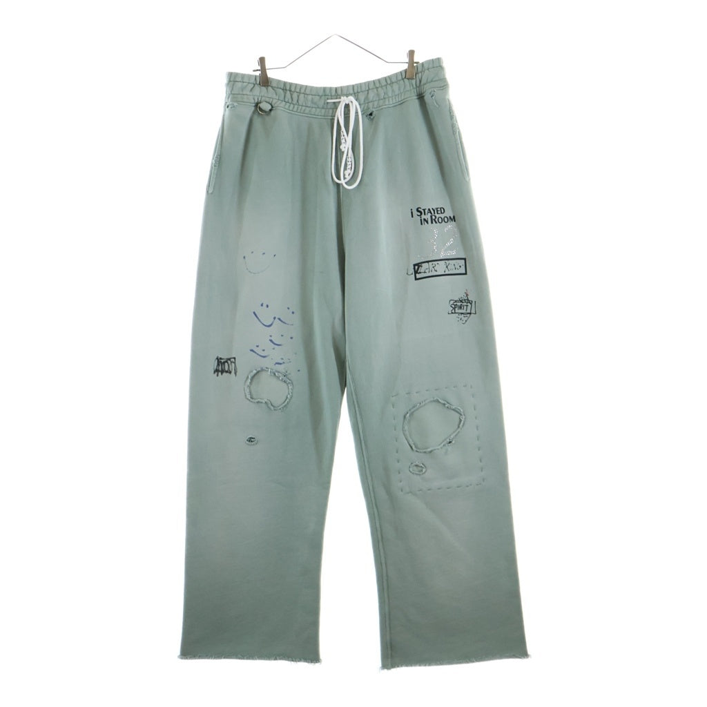 Paly Hollywood(パリーハリウッド) Alta Cienega Sweat Pants アルタシェネガスウェットパンツ ラインストーンロゴプリントダメージ加工スウェットロングパンツ ライトグリーン