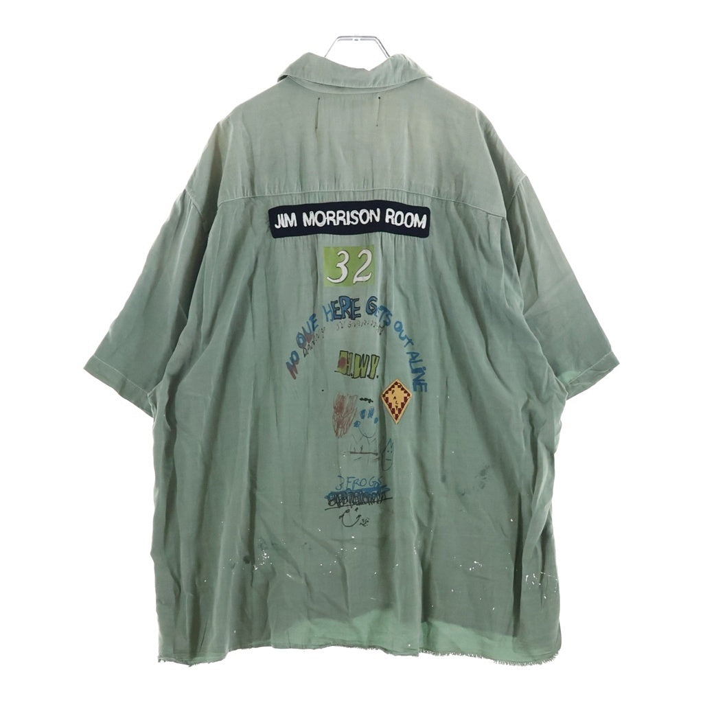 Paly Hollywood(パリーハリウッド) Alta Cienega Motel S/S Button down Shirts アルタシェネガモーテルショートスリーブボタンダウンシャツ ロゴ刺繍ダメージ加工半袖シャツ グリーン